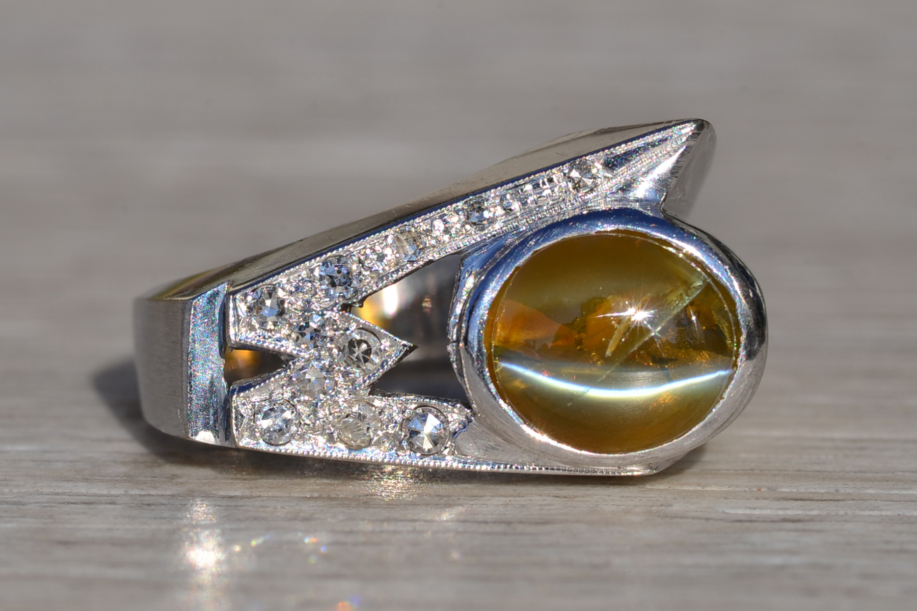 The Lodoga: Gentlemen's Vintage 14K Cat's Eye Chrysoberyl and Diamond Cocktail Ring - Image 2