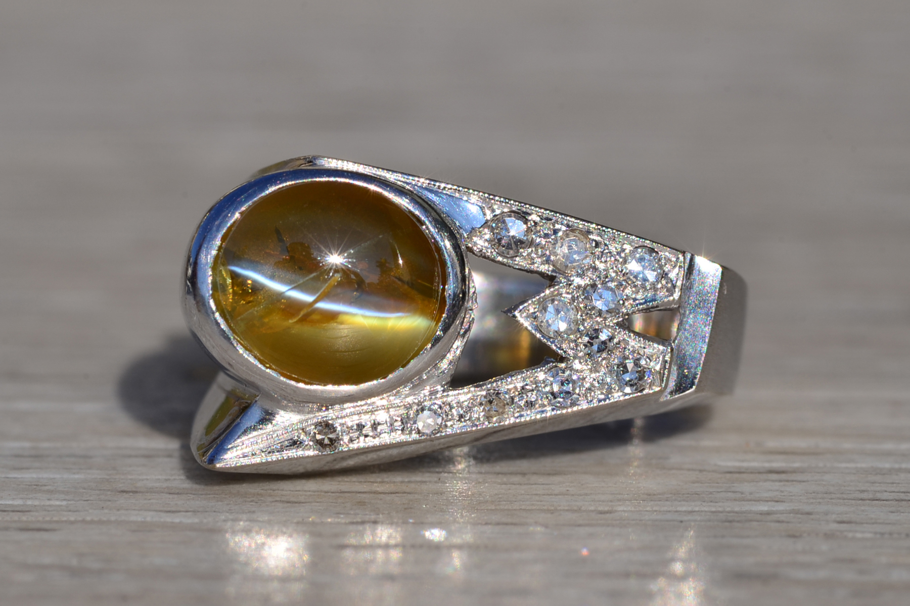 The Lodoga: Gentlemen's Vintage 14K Cat's Eye Chrysoberyl and Diamond Cocktail Ring - Image 8