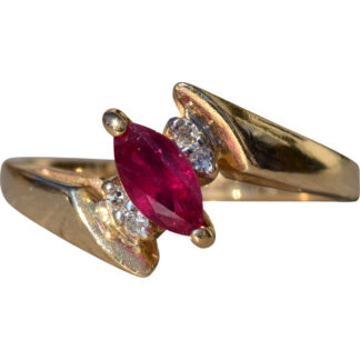 The Cazadero:  Ladies 14K Gold Bypass Ring set with Marquise Ruby and Diamonds