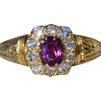 SOLD - The Hazen:  Ladies 14K Ruby and Diamond Halo Engagement Ring