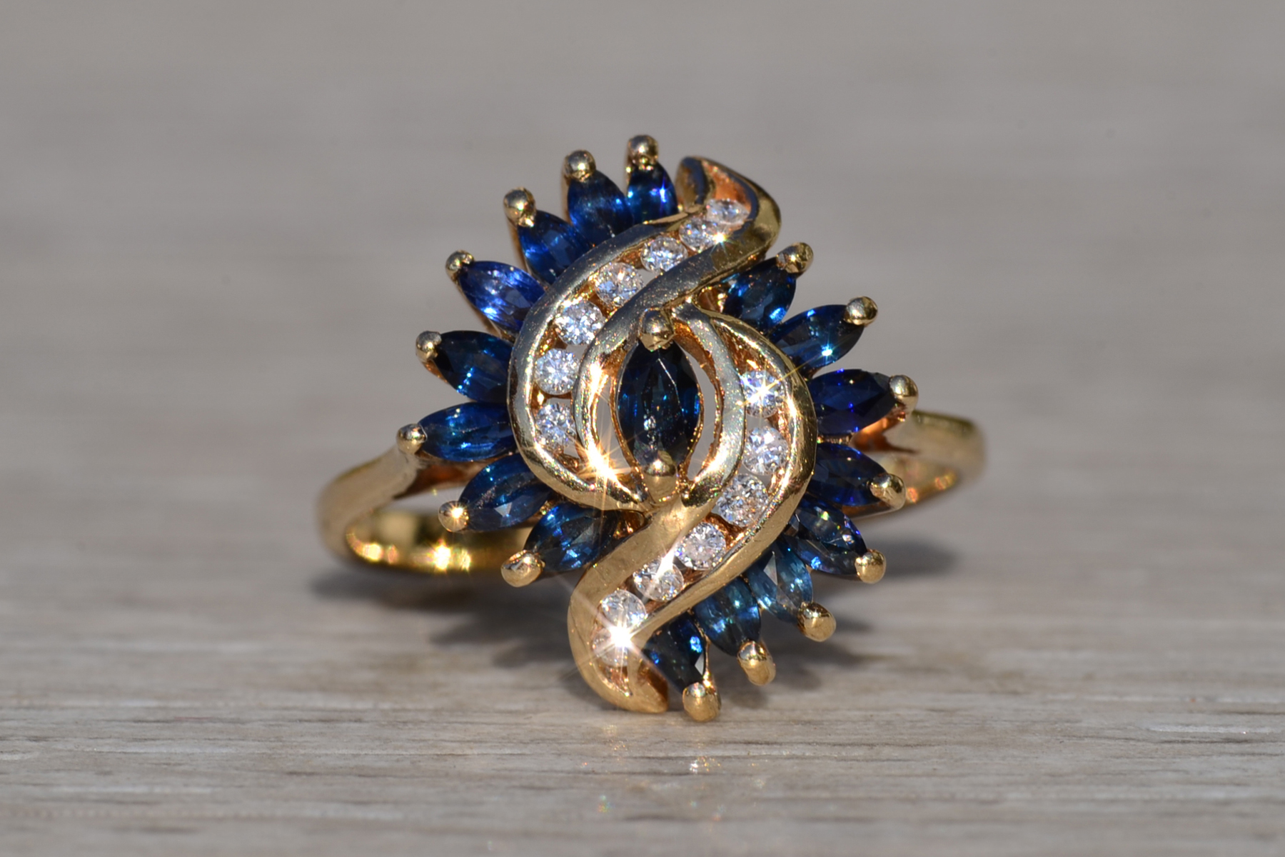 SOLD - The Arlynda: Ladies Vintage 14K Sapphire and Diamond Swirl Ring - Image 2