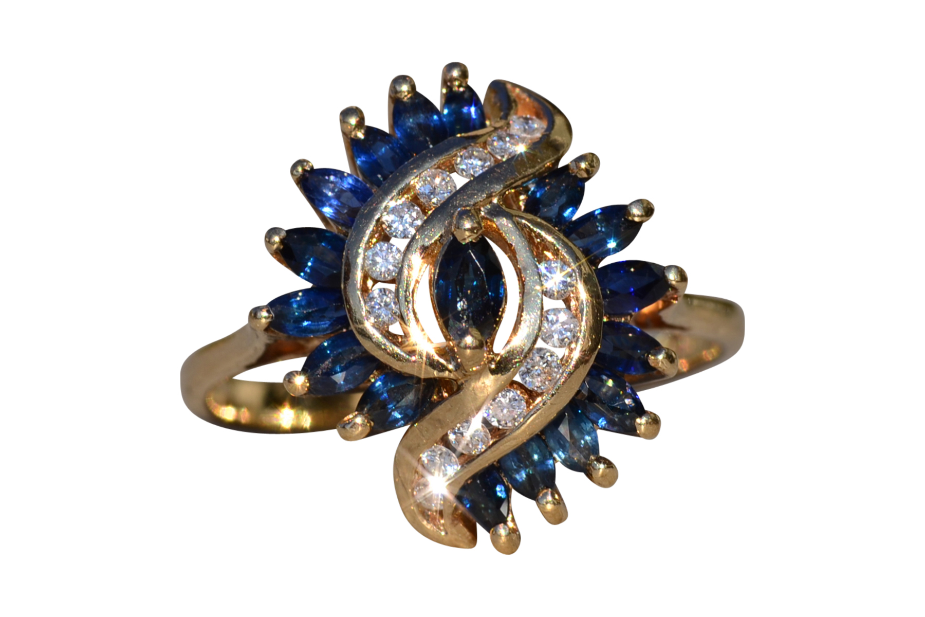 SOLD - The Arlynda: Ladies Vintage 14K Sapphire and Diamond Swirl Ring
