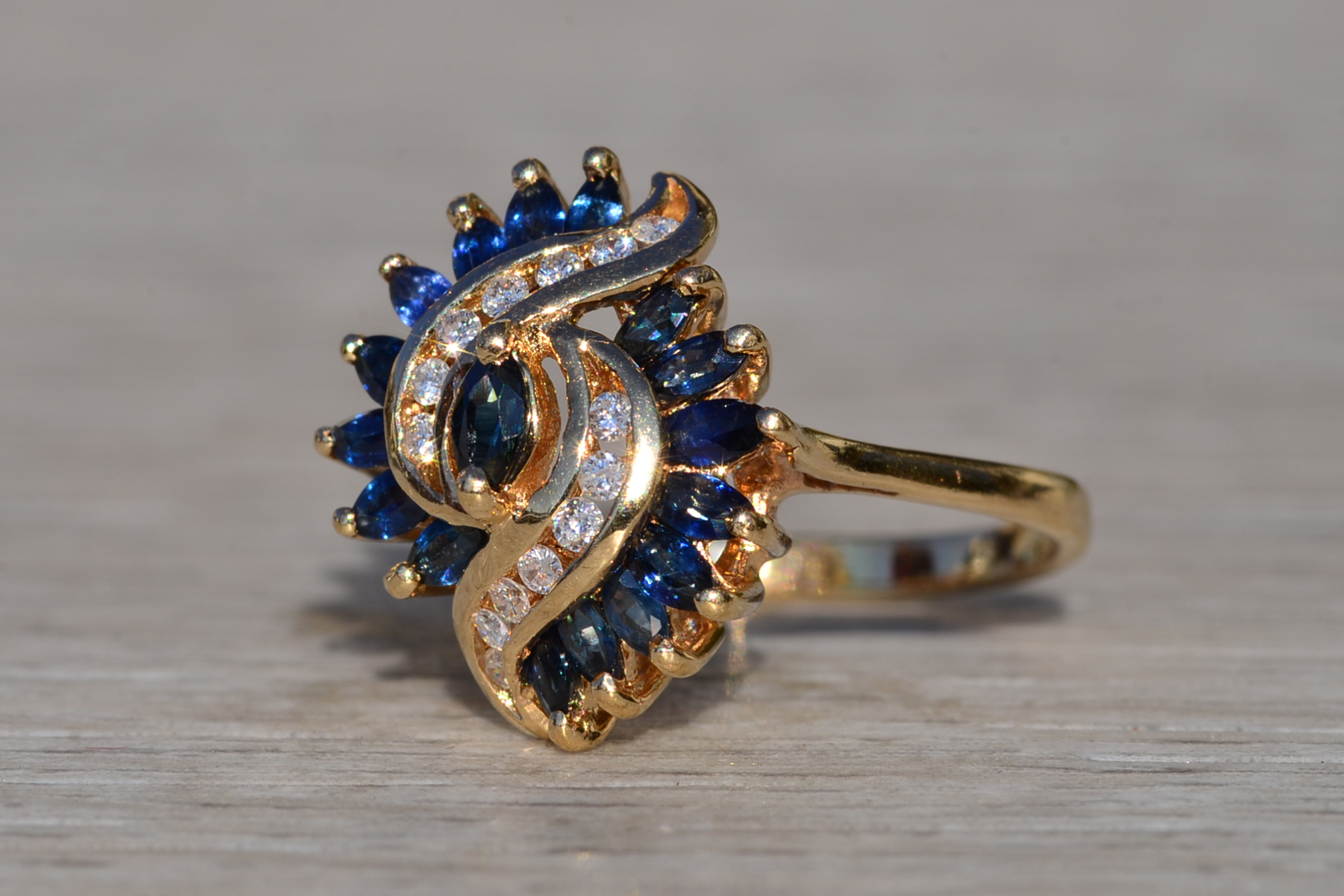 SOLD - The Arlynda: Ladies Vintage 14K Sapphire and Diamond Swirl Ring - Image 3