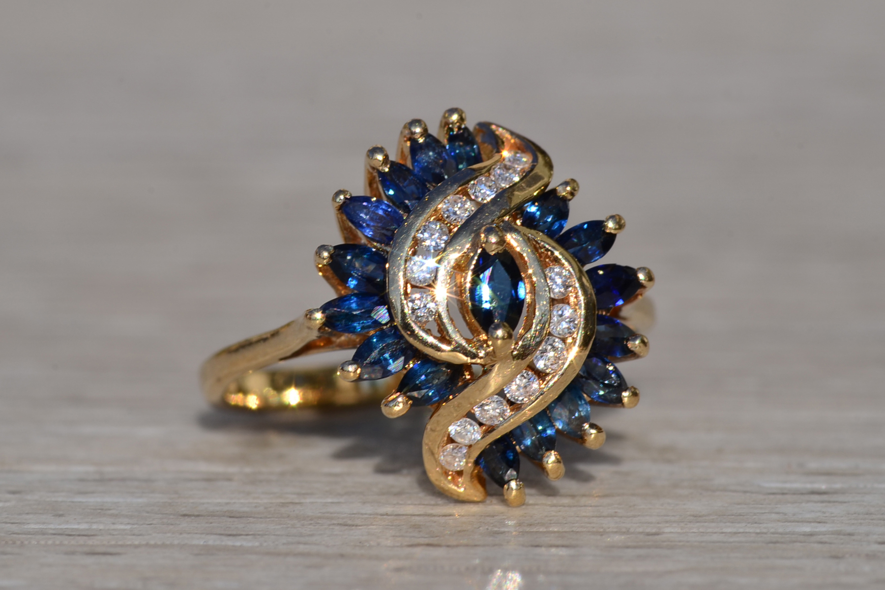 SOLD - The Arlynda: Ladies Vintage 14K Sapphire and Diamond Swirl Ring - Image 4
