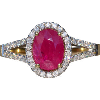 The Crannell:  Ladies 14K Ruby and Diamond Halo Engagement Style Ring