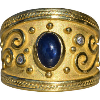 SOLD - The Bouses Deux:  Ladies Ornate 18K Gold Band set with Sapphire and Diamonds