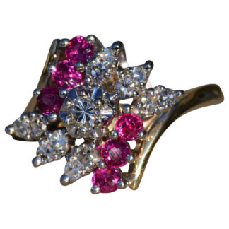 The Calville:  Ladies 14K Two Tone Ruby and Diamond Cluster Bypass Ring