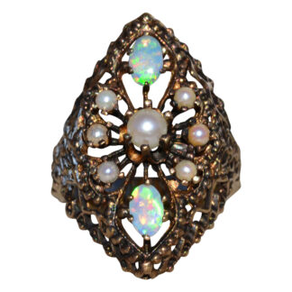 Ladies Brutalist Opal and Pearl Navette Shaped Ring in 14K Gold