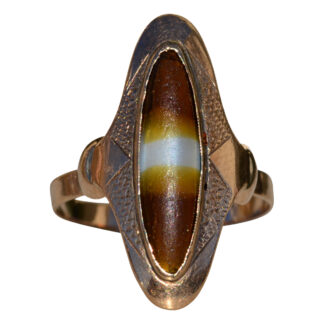 Antique Victorian 14K Rose Gold Navette Ring set with Art Glass