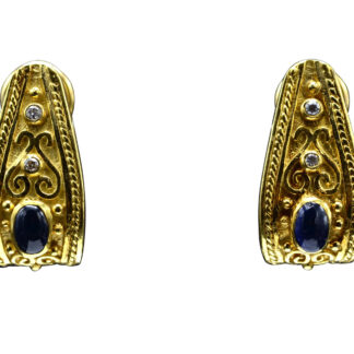 The Bouses:  Ladies Ornate 18K Gold Diamond and Sapphire Drop Earrings
