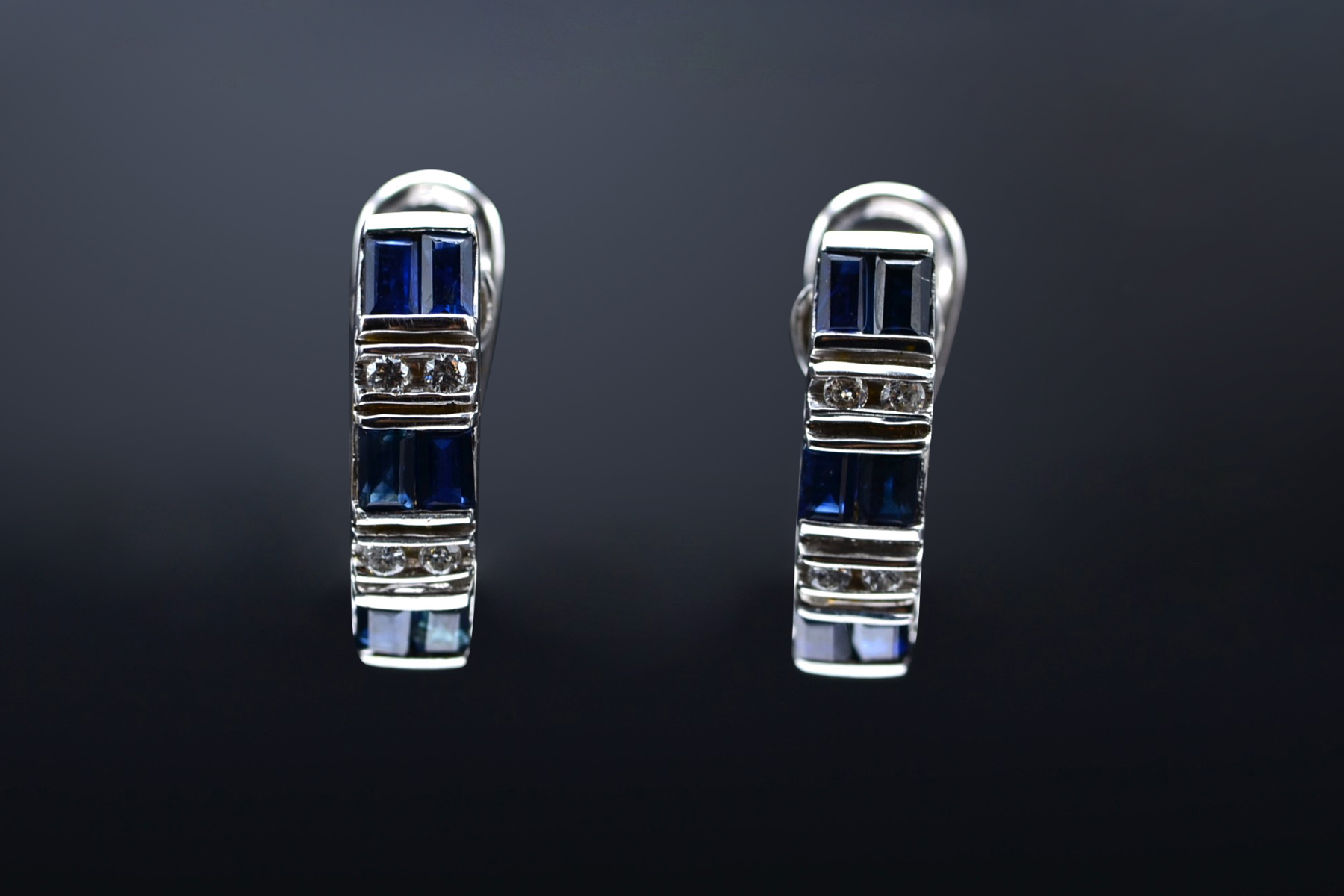 SOLD - The Shontos: Ladies Platinum Drop Earrings set with Sapphires and Diamonds - Image 4
