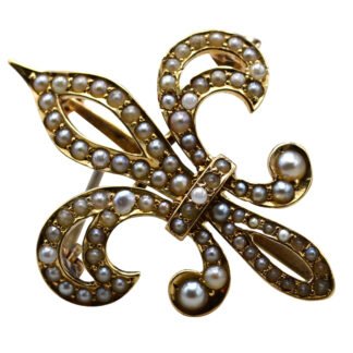 SOLD - The Kayenta:  Antique 14K Rose Gold Fleur de Lis Brooch set with Seed Pearls