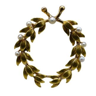 The Cascabel:  Ladies 14K Gold Leaf Brooch/Pendant set with Seed Pearls