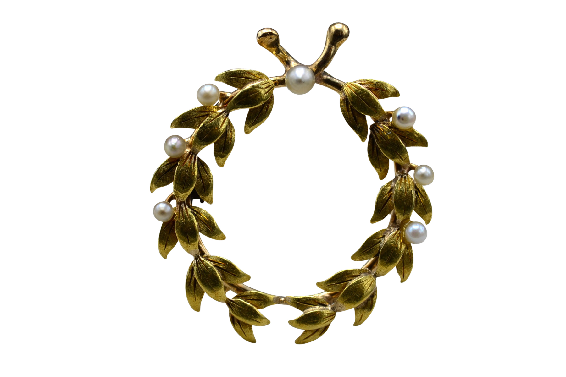 The Cascabel: Ladies 14K Gold Leaf Brooch/Pendant set with Seed Pearls