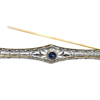 The Bouse: Signed Krementz 14K Gold and Platinum Topped Filigree Bar Brooch set with Montana Sapphire