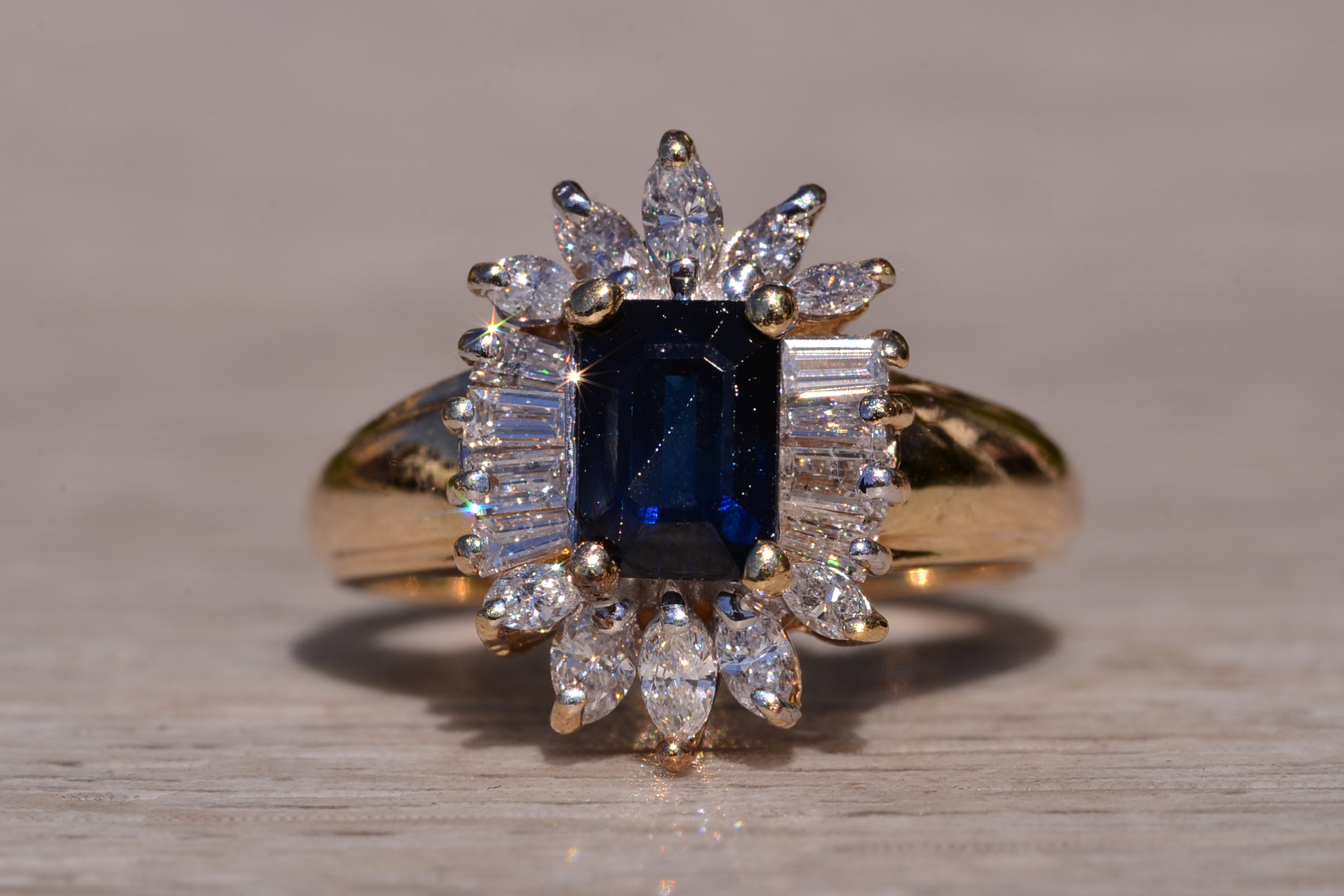 SOLD - The Blountsville: Yellow Gold Emerald Cut Sapphire Ring with Shaped Diamond Halo - Image 2