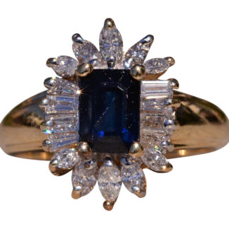 SOLD - The Blountsville:  Yellow Gold Emerald Cut Sapphire Ring with Shaped Diamond Halo