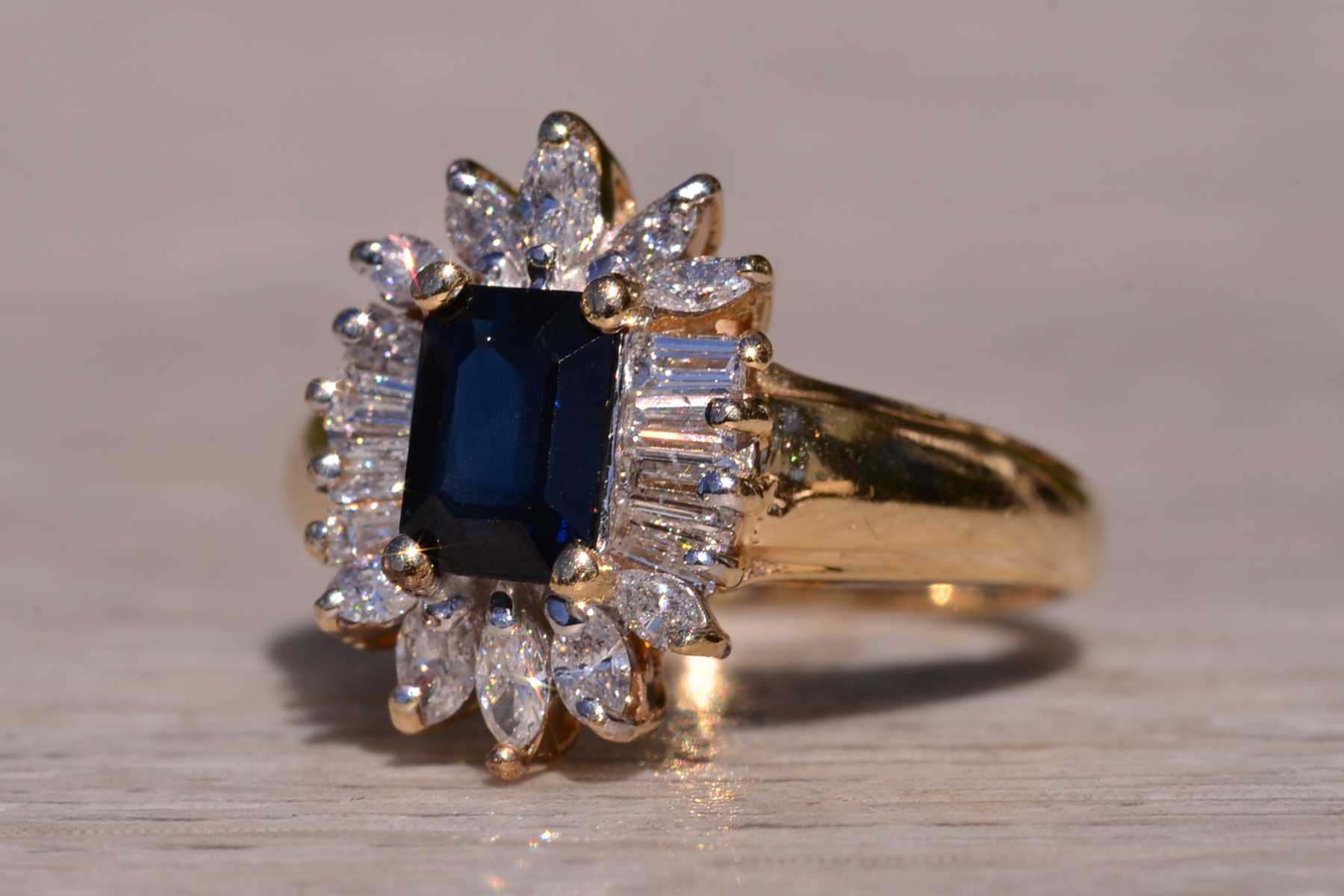 SOLD - The Blountsville: Yellow Gold Emerald Cut Sapphire Ring with Shaped Diamond Halo - Image 3
