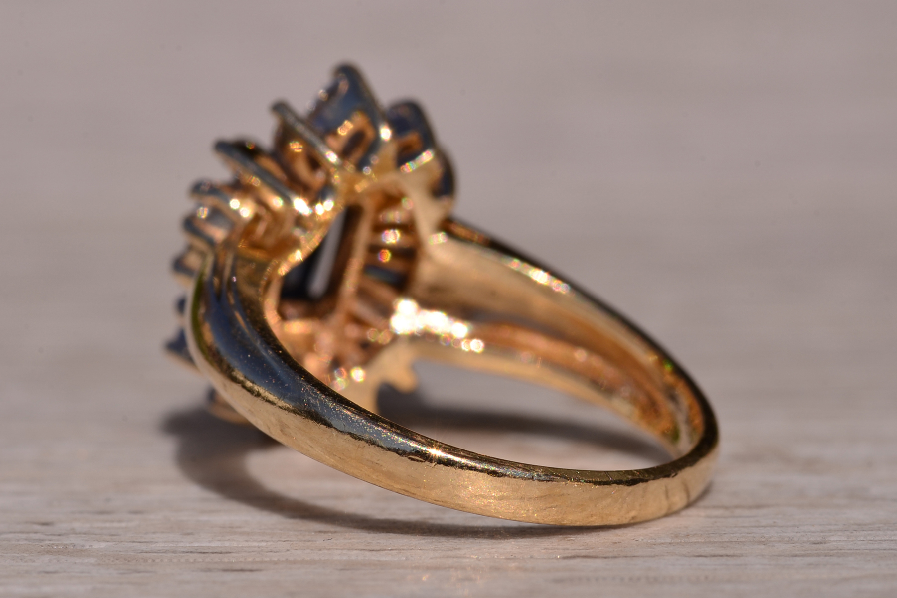 SOLD - The Blountsville: Yellow Gold Emerald Cut Sapphire Ring with Shaped Diamond Halo - Image 4