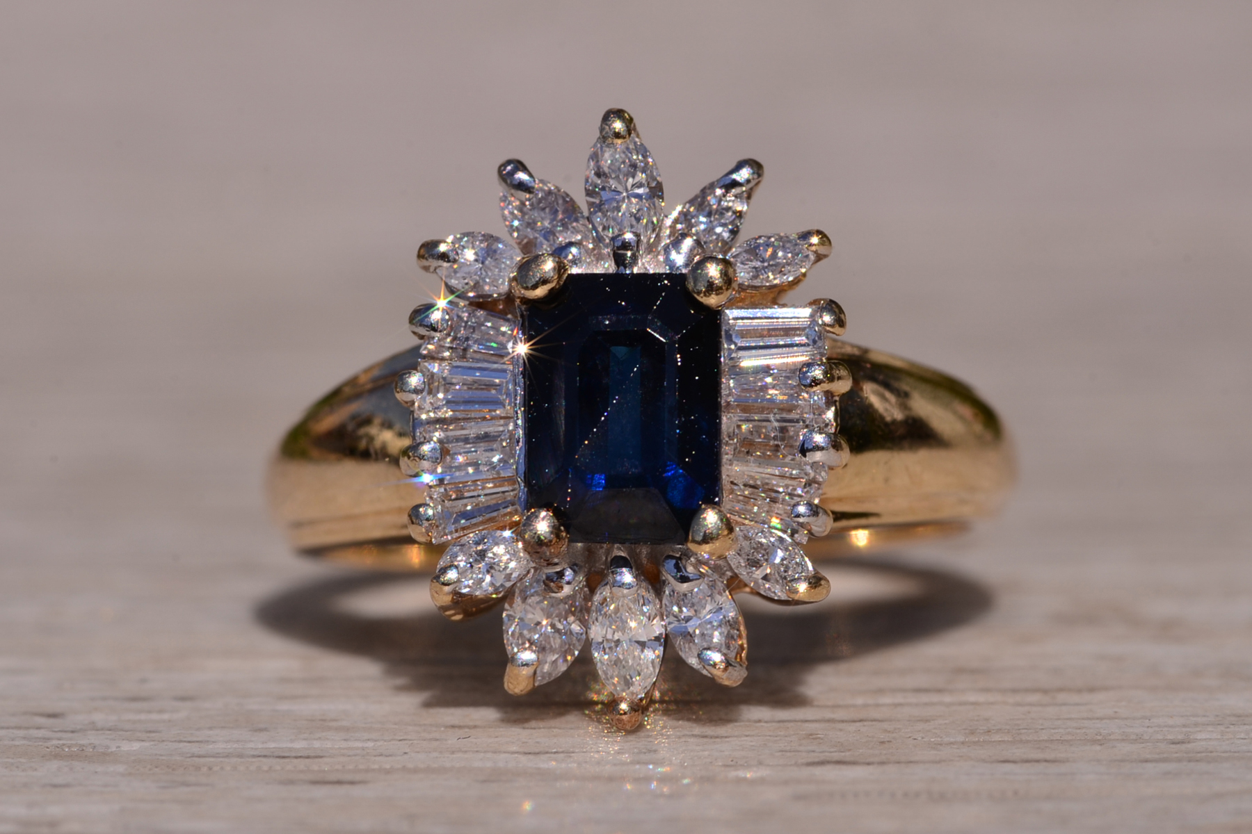 SOLD - The Blountsville: Yellow Gold Emerald Cut Sapphire Ring with Shaped Diamond Halo - Image 7