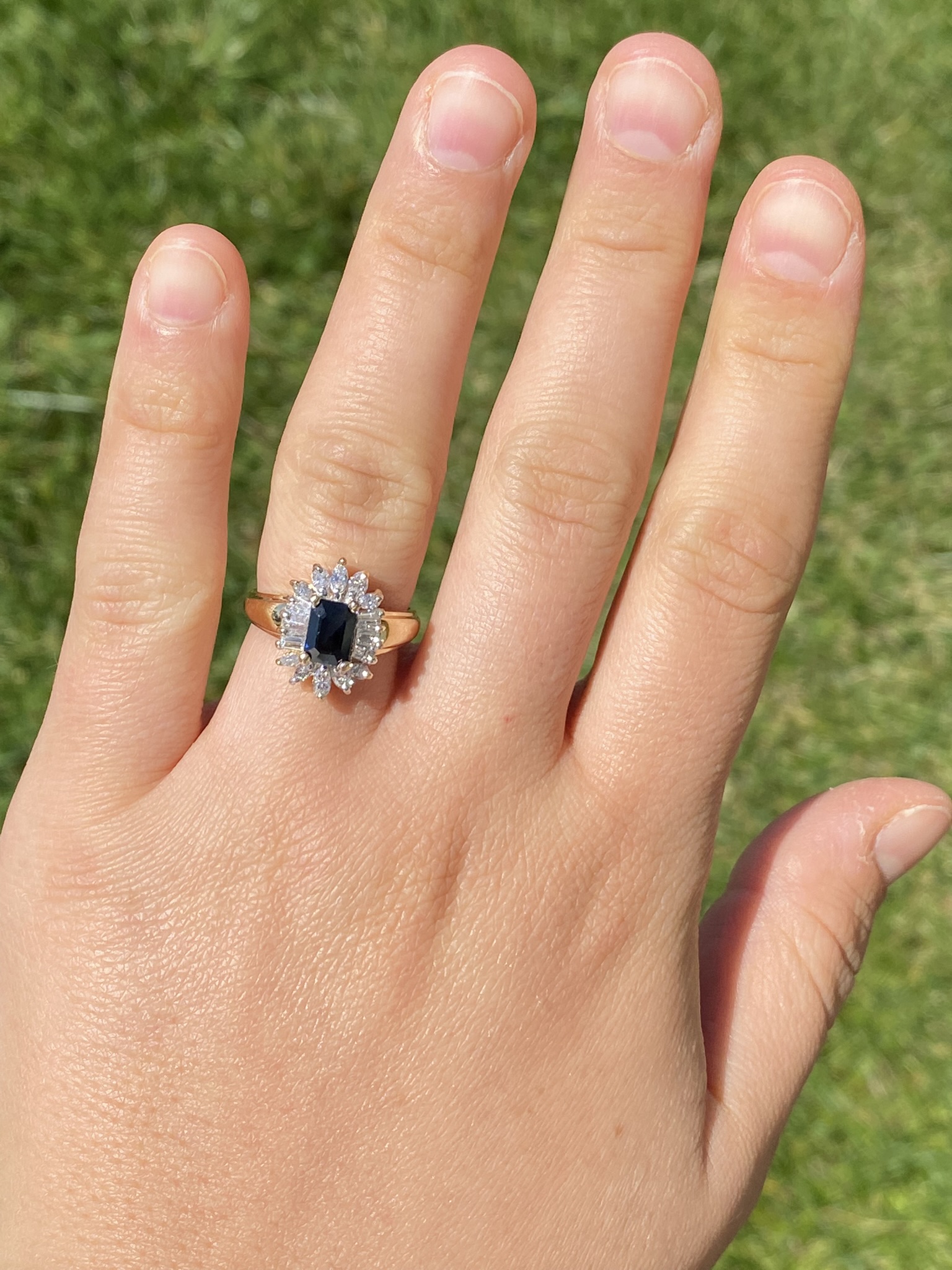 SOLD - The Blountsville: Yellow Gold Emerald Cut Sapphire Ring with Shaped Diamond Halo - Image 10