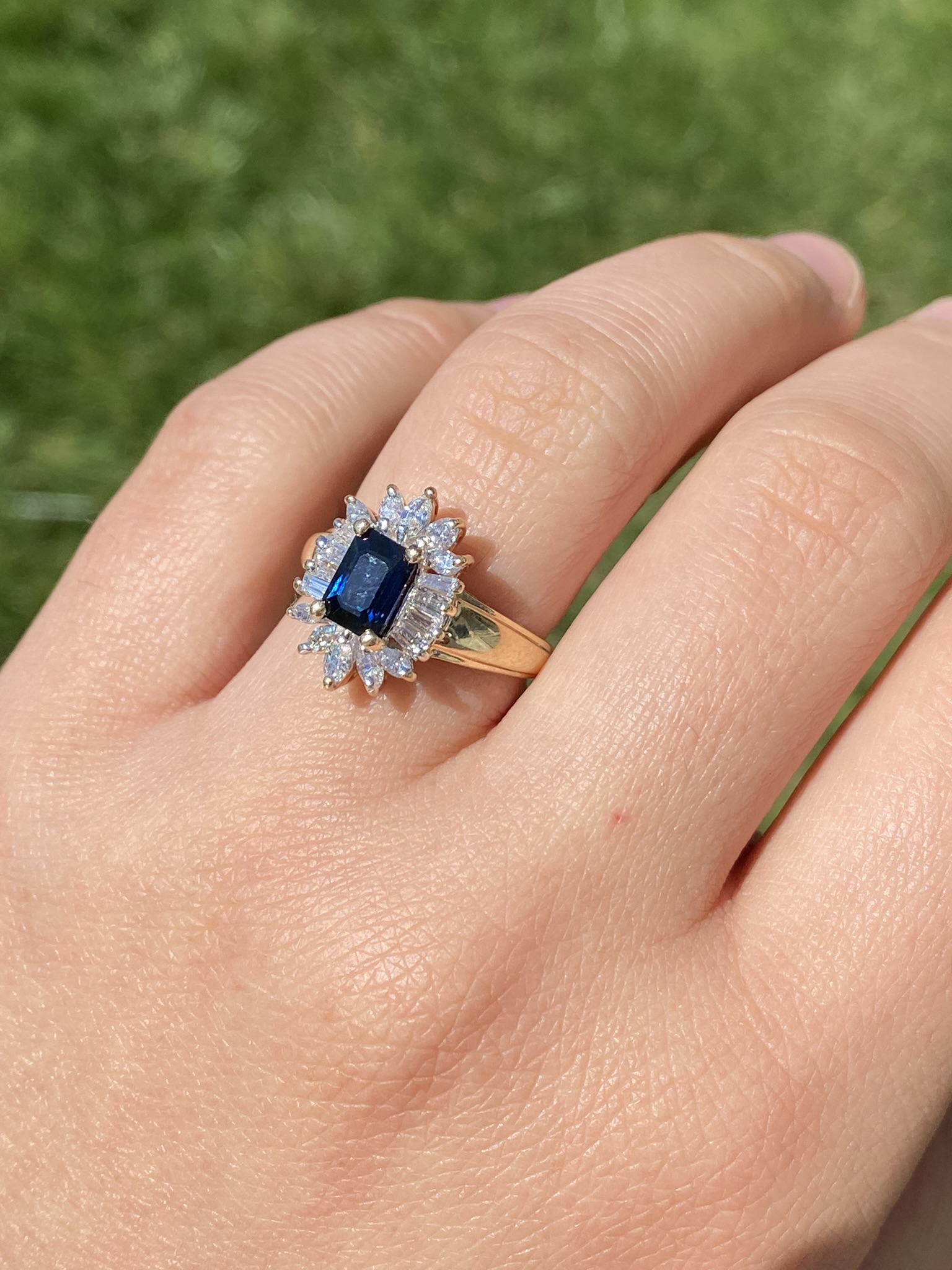 SOLD - The Blountsville: Yellow Gold Emerald Cut Sapphire Ring with Shaped Diamond Halo - Image 9