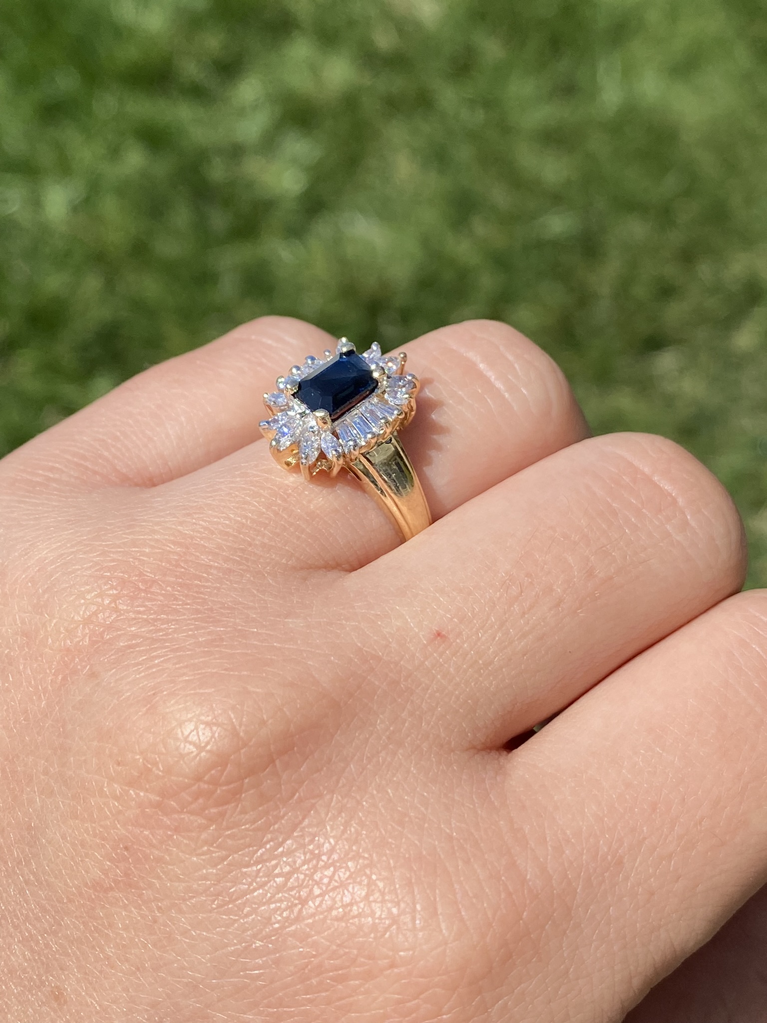 SOLD - The Blountsville: Yellow Gold Emerald Cut Sapphire Ring with Shaped Diamond Halo - Image 8