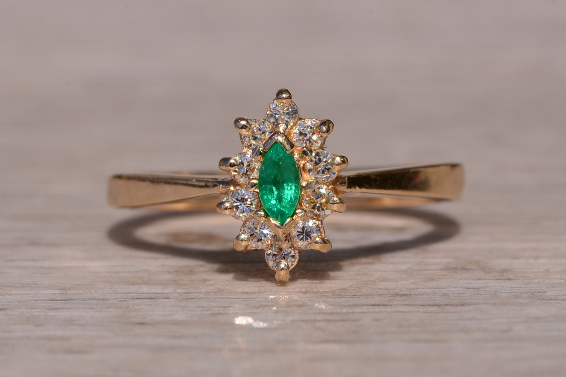 SOLD - The Priceville: Yellow Gold Emerald and Diamond Navette Ring - Image 2