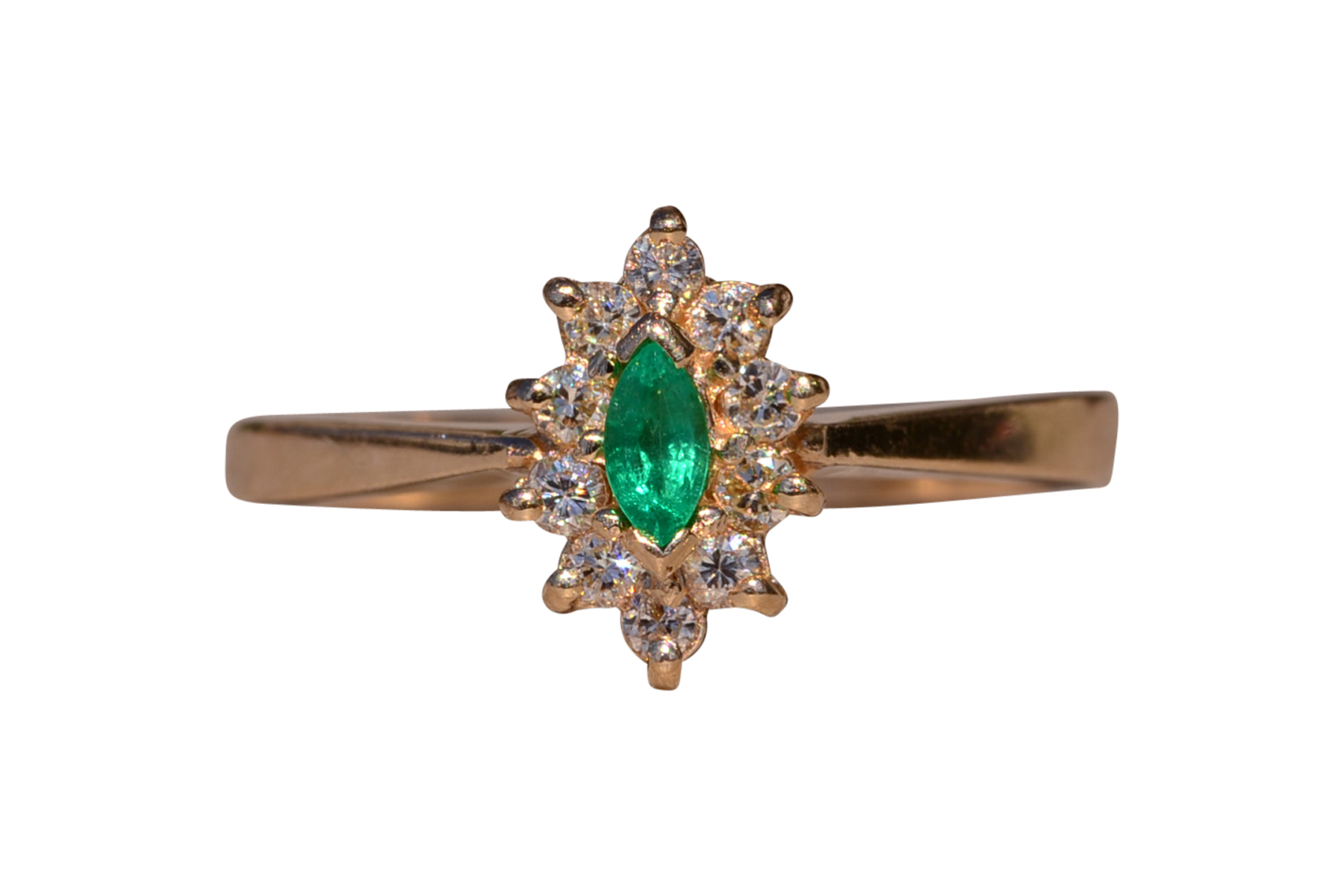 SOLD - The Priceville: Yellow Gold Emerald and Diamond Navette Ring