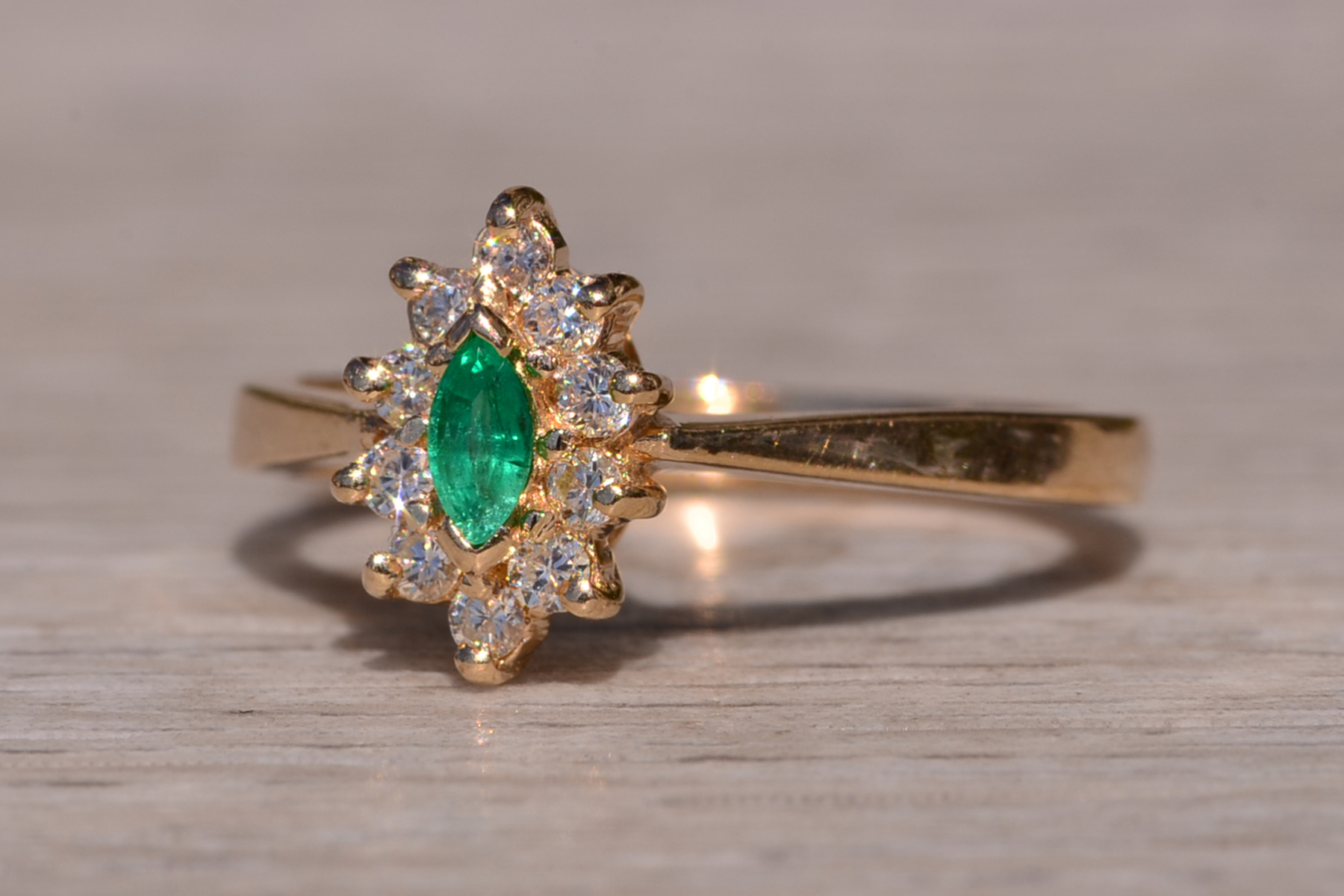 SOLD - The Priceville: Yellow Gold Emerald and Diamond Navette Ring - Image 3