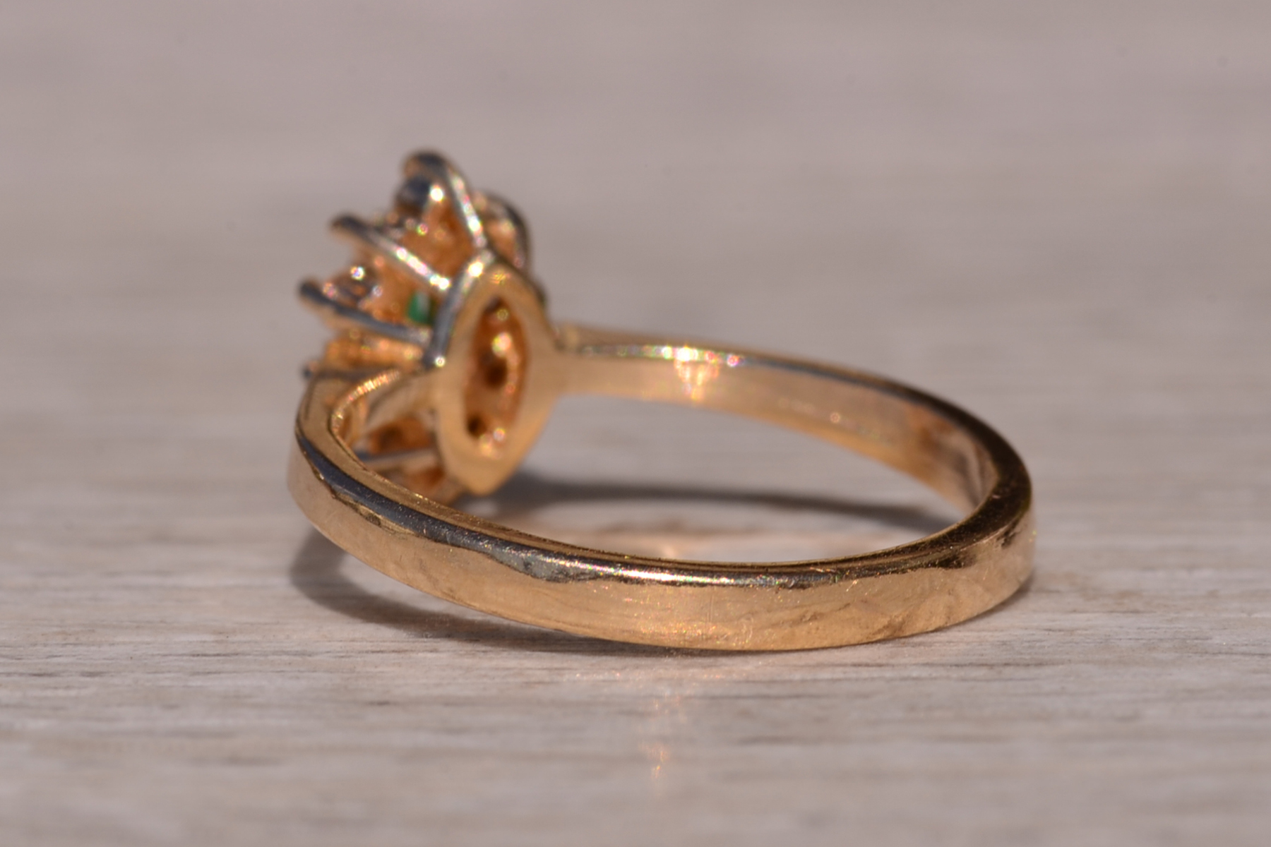SOLD - The Priceville: Yellow Gold Emerald and Diamond Navette Ring - Image 4