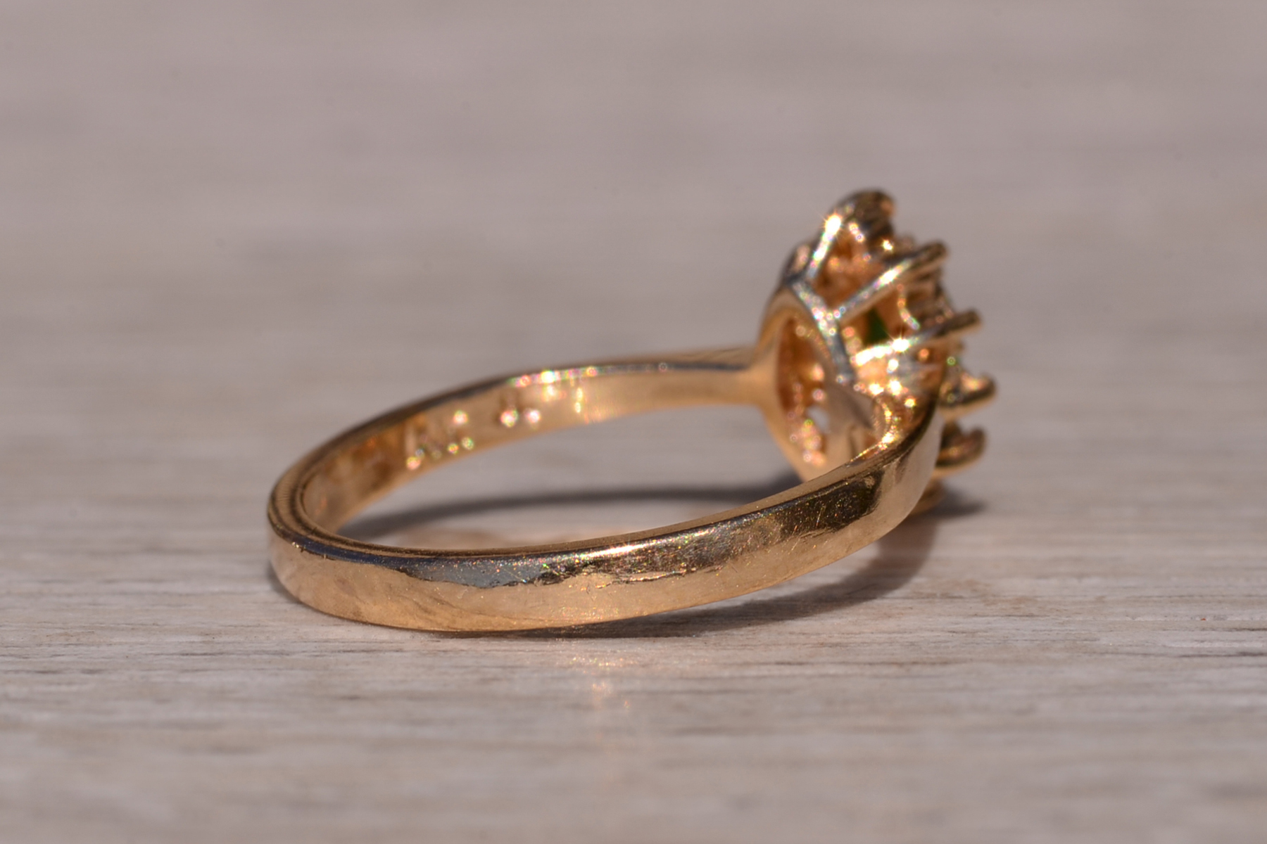 SOLD - The Priceville: Yellow Gold Emerald and Diamond Navette Ring - Image 5