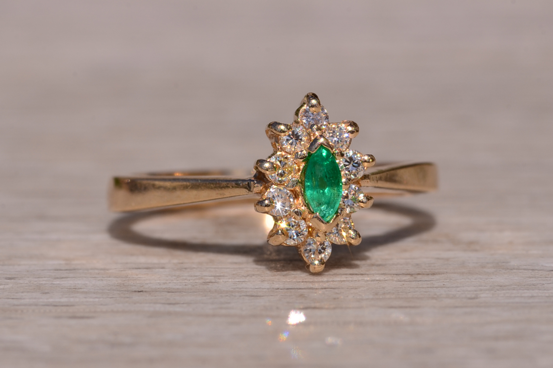 SOLD - The Priceville: Yellow Gold Emerald and Diamond Navette Ring - Image 6