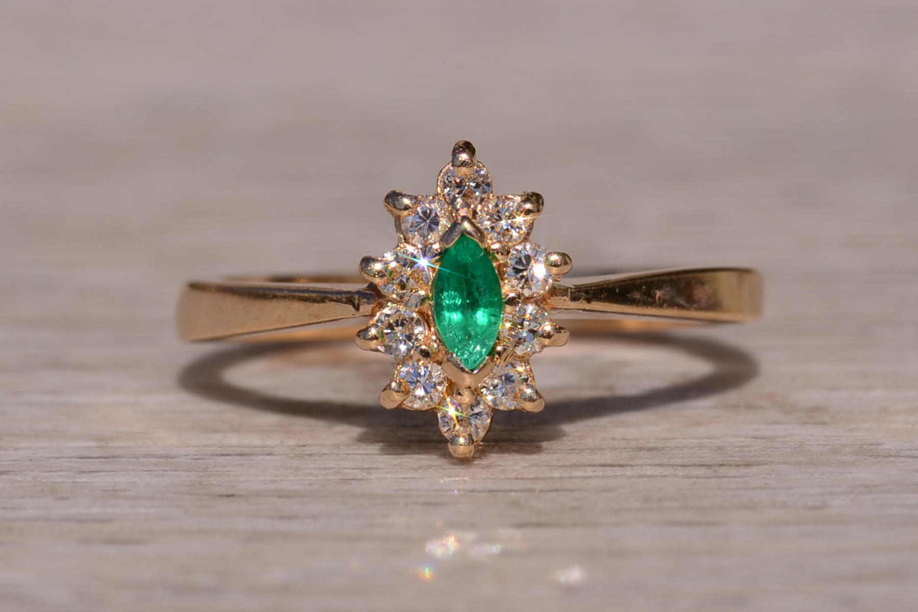 SOLD - The Priceville: Yellow Gold Emerald and Diamond Navette Ring - Image 7