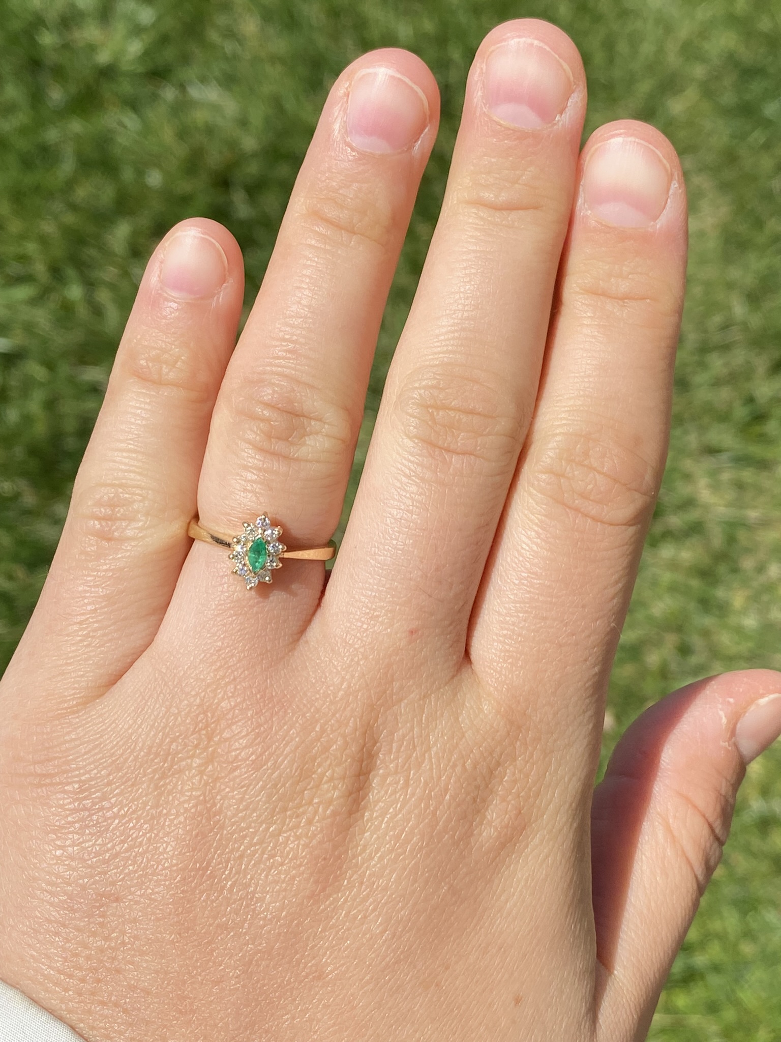 SOLD - The Priceville: Yellow Gold Emerald and Diamond Navette Ring - Image 8