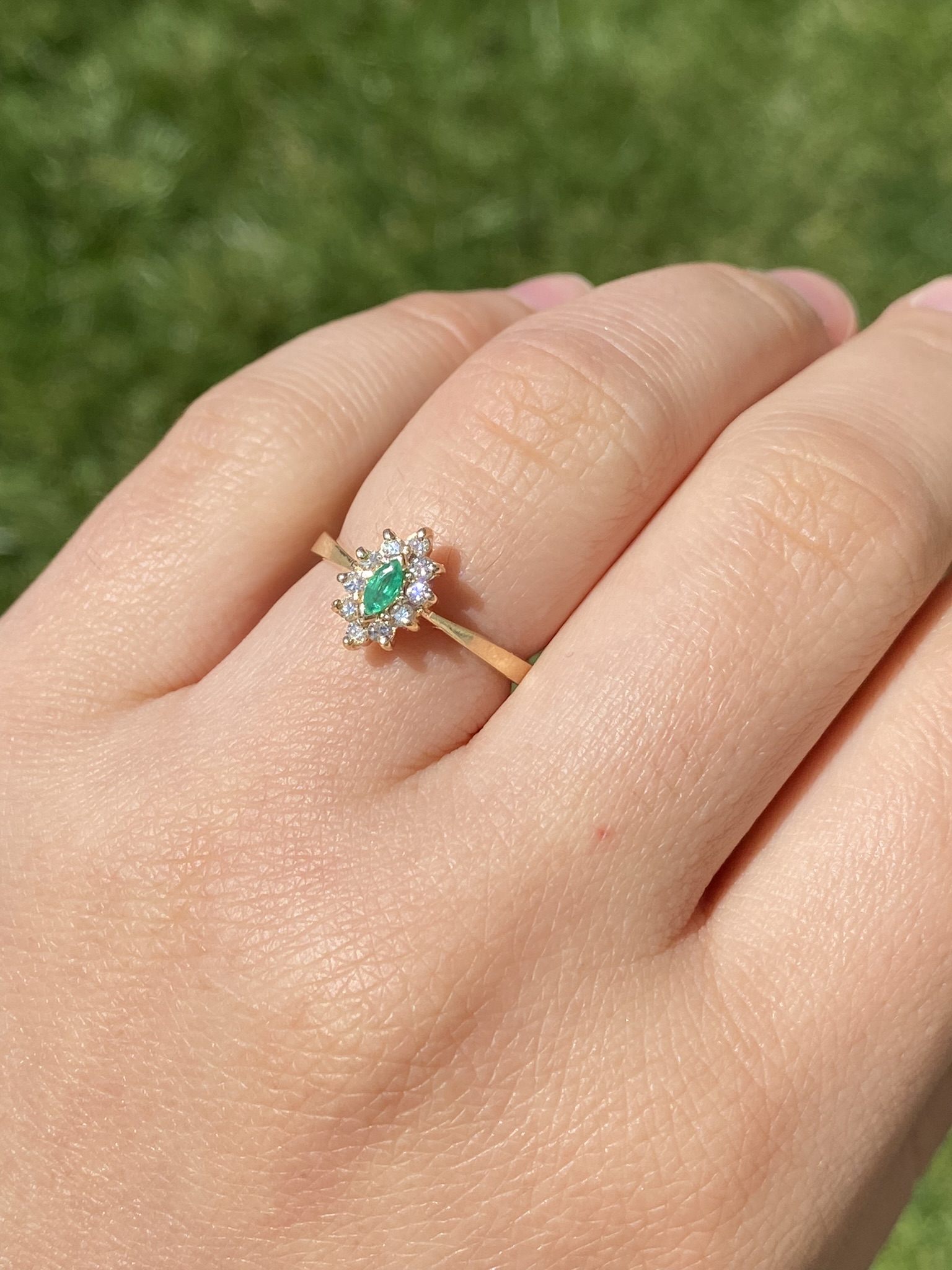 SOLD - The Priceville: Yellow Gold Emerald and Diamond Navette Ring - Image 10