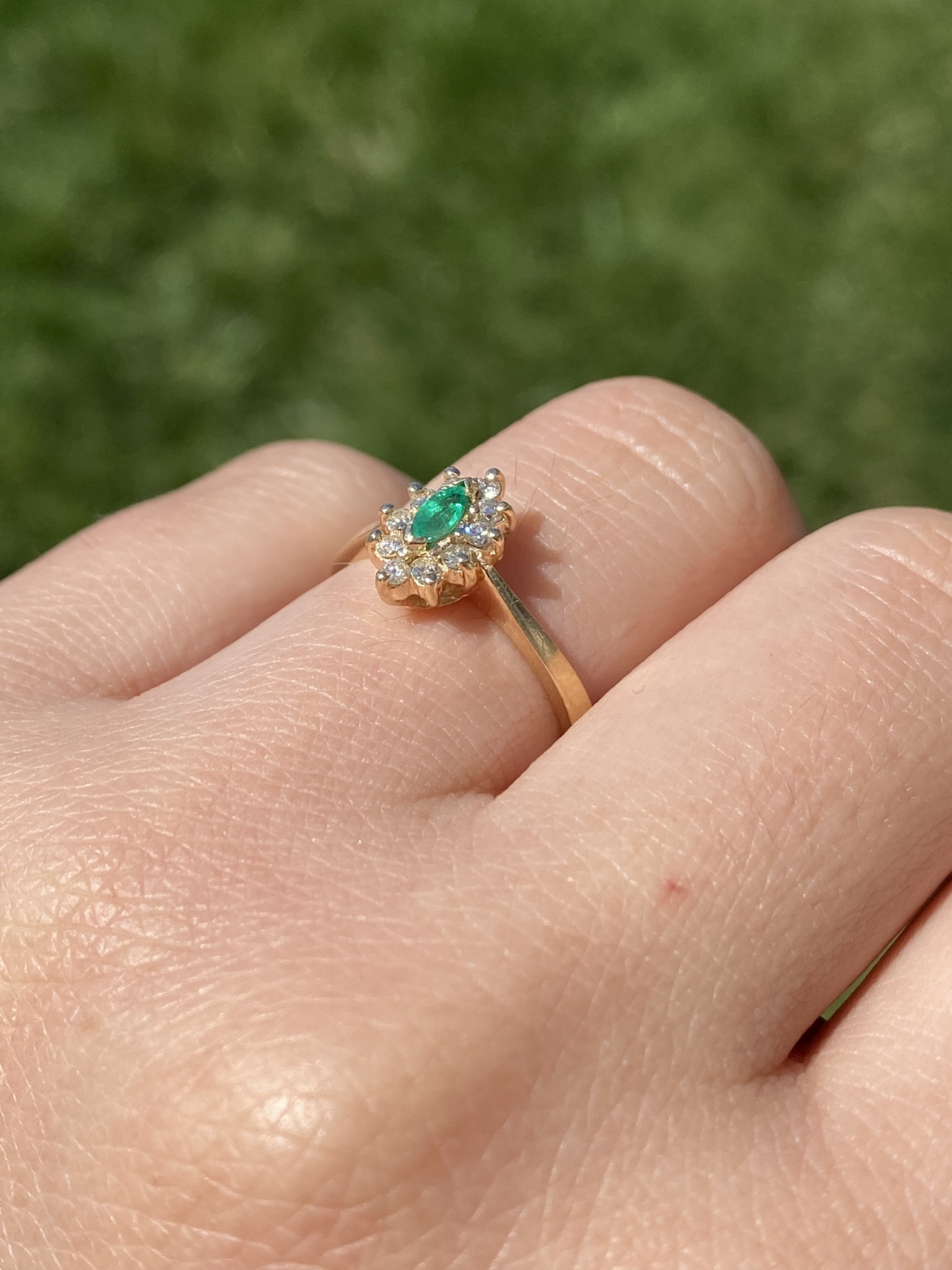 SOLD - The Priceville: Yellow Gold Emerald and Diamond Navette Ring - Image 9