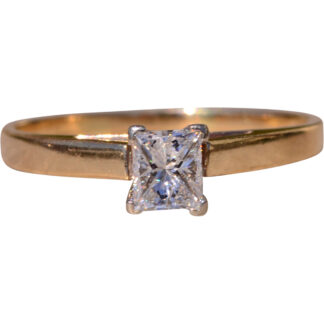 The Mentone: Signed Yellow Gold Solitaire Engagement Ring with Princess Cut Natural Diamond