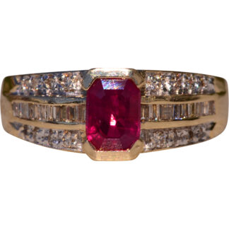 The Red Bay:  Yellow Gold Ring set with Emerald Cut Lab Grown Ruby and Diamonds