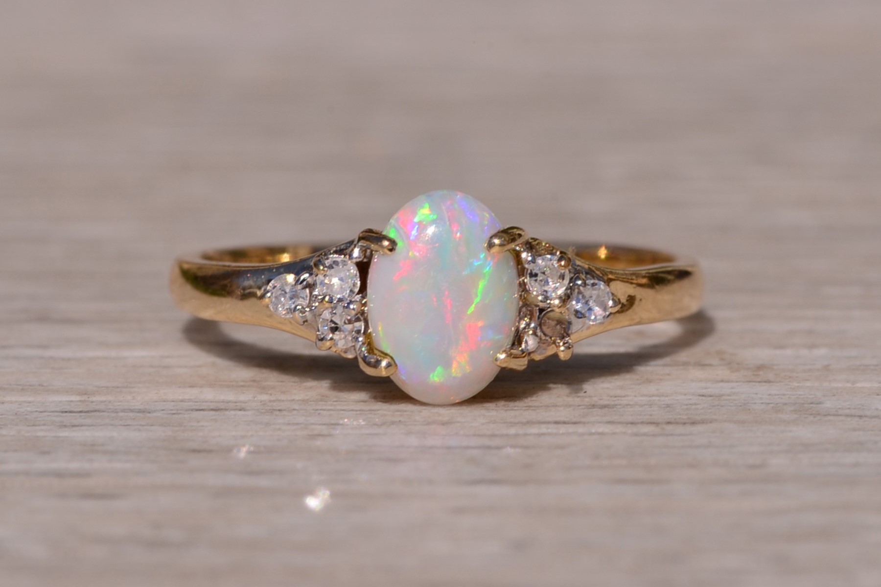 SOLD - The Hartselle: Natural Australian Opal with Natural Diamond Side Stones in Yellow Gold - Image 2