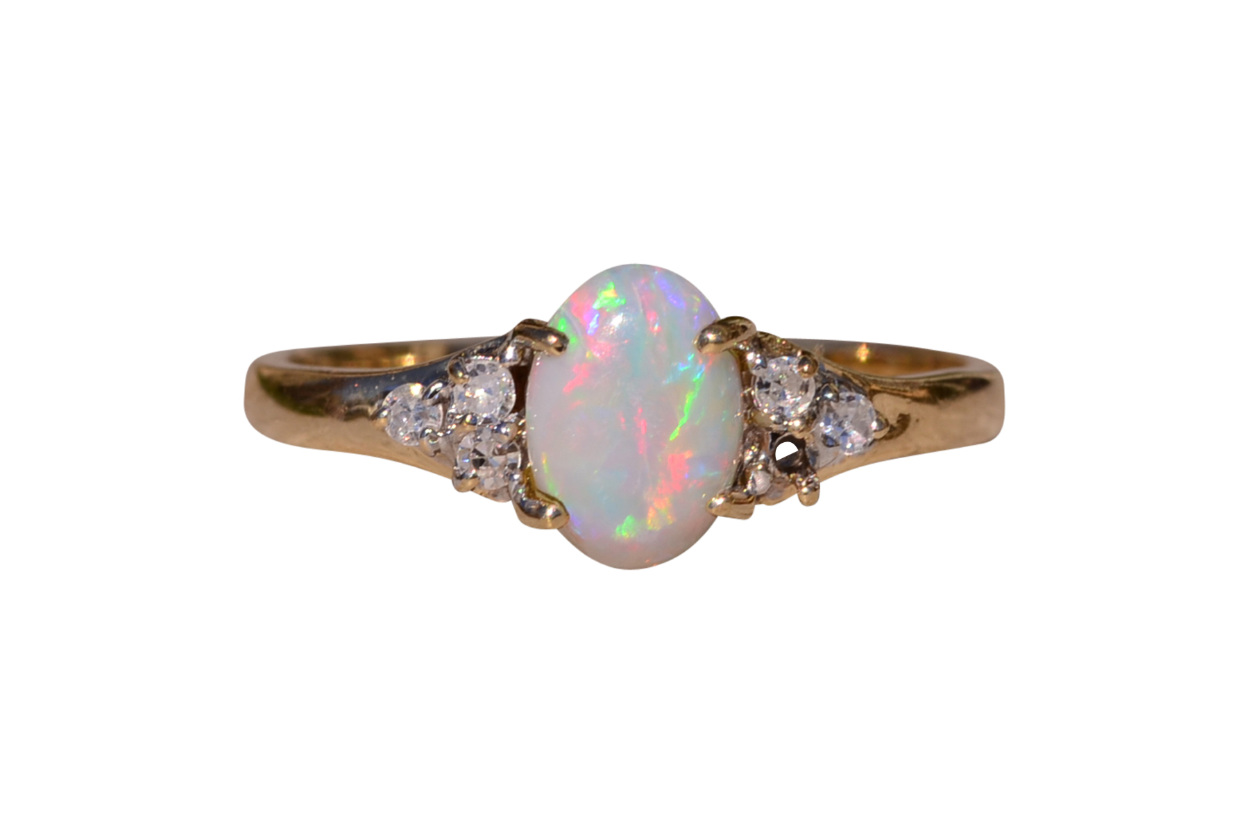 SOLD - The Hartselle: Natural Australian Opal with Natural Diamond Side Stones in Yellow Gold
