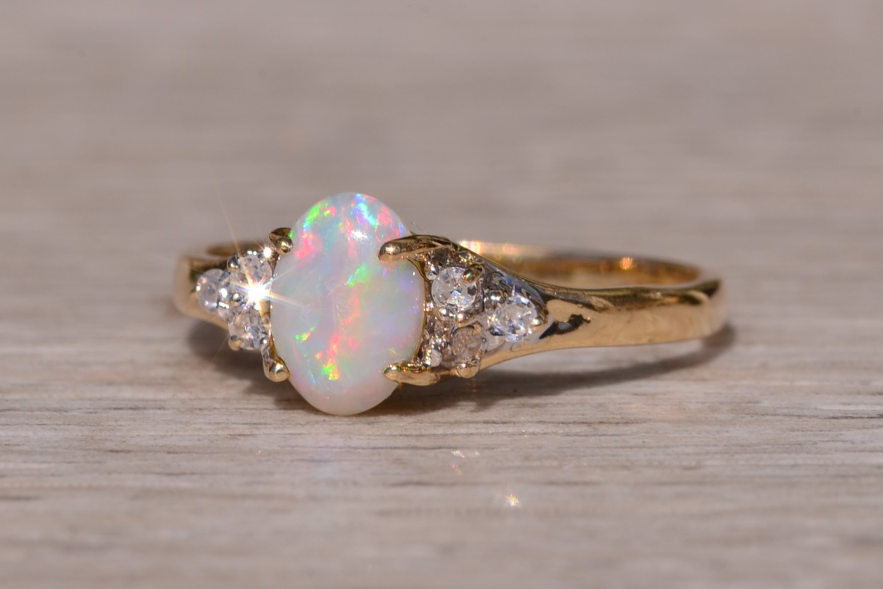 SOLD - The Hartselle: Natural Australian Opal with Natural Diamond Side Stones in Yellow Gold - Image 3