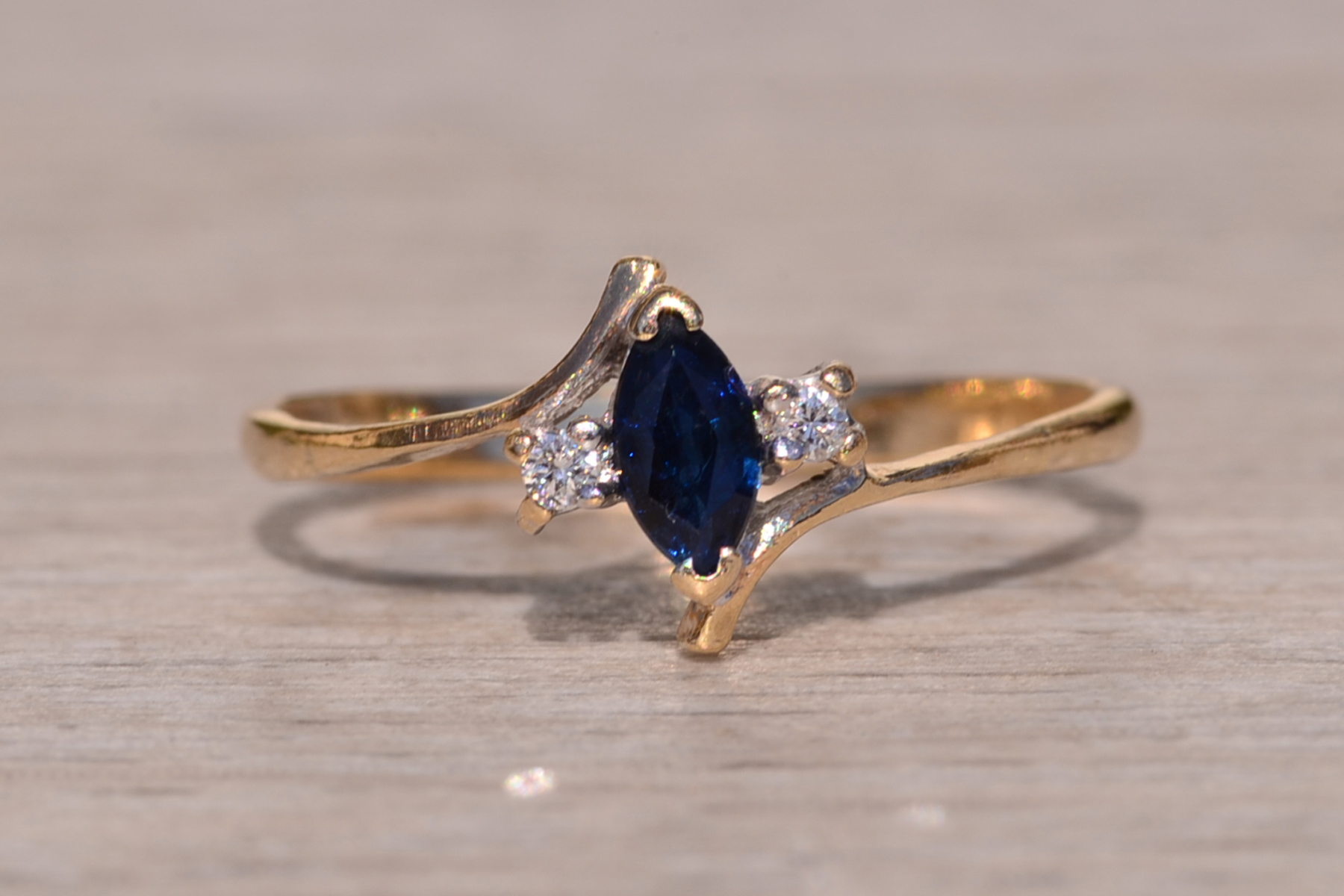 SOLD - The Town Creek: Vintage Yellow Gold Marquise Sapphire and Diamond Bypass Ring - Image 2