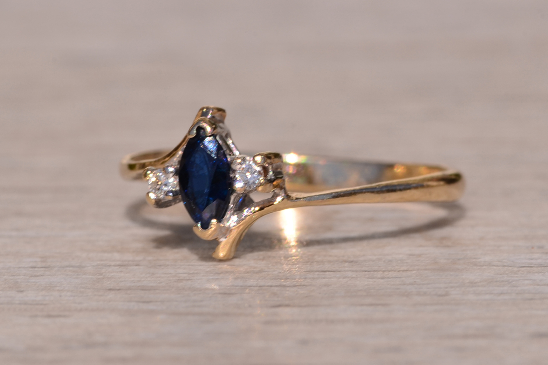 SOLD - The Town Creek: Vintage Yellow Gold Marquise Sapphire and Diamond Bypass Ring - Image 3