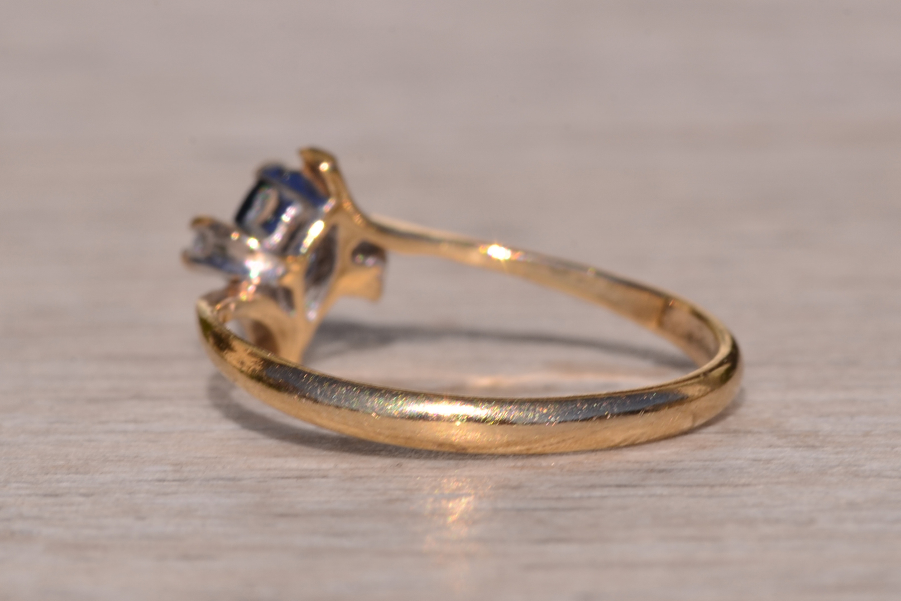 SOLD - The Town Creek: Vintage Yellow Gold Marquise Sapphire and Diamond Bypass Ring - Image 4