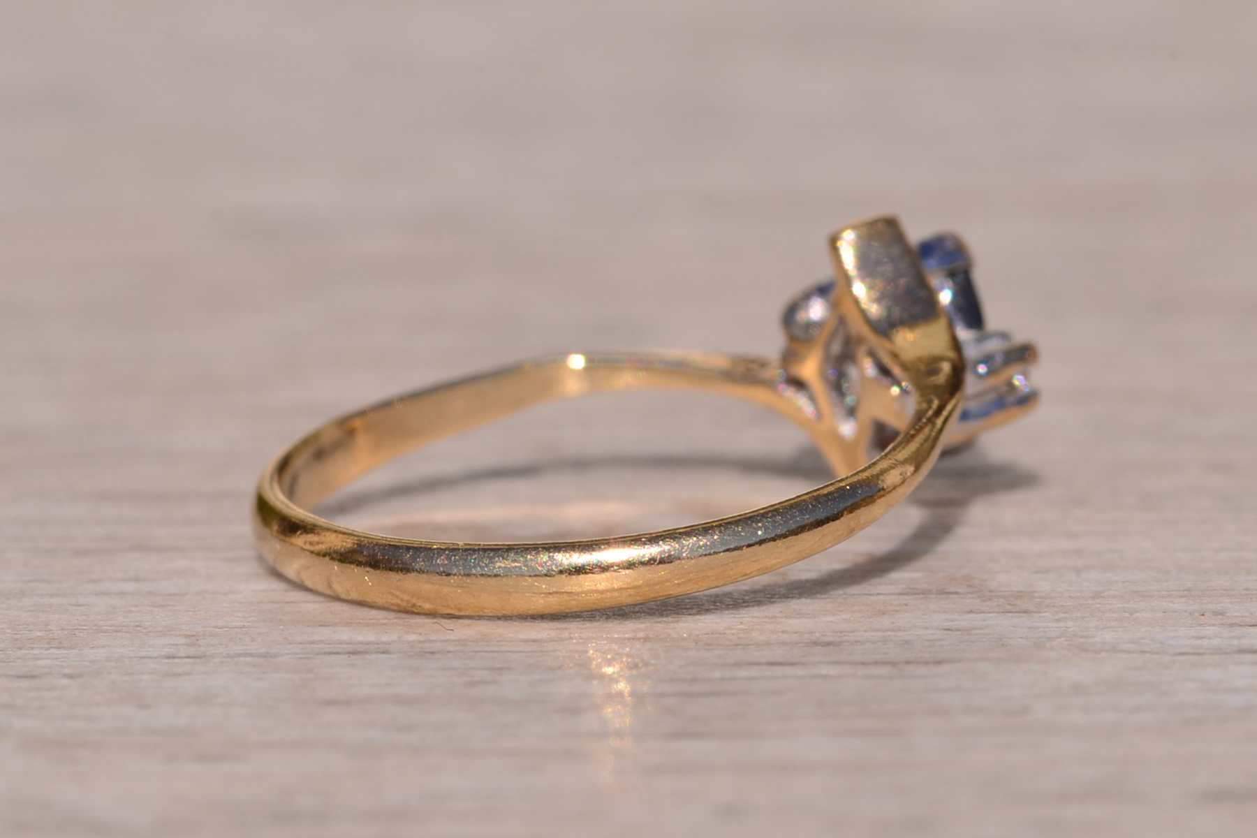 SOLD - The Town Creek: Vintage Yellow Gold Marquise Sapphire and Diamond Bypass Ring - Image 5