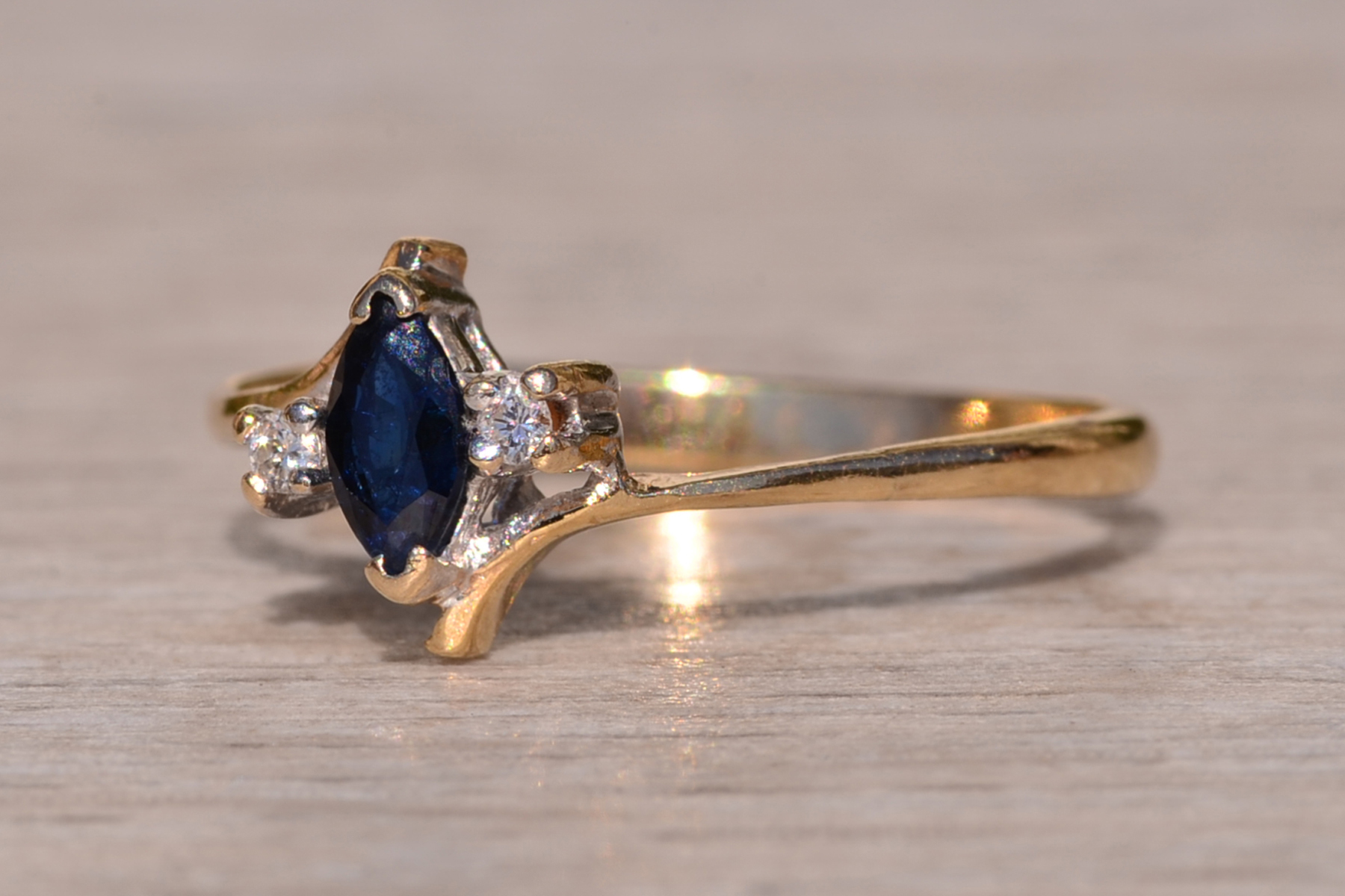 SOLD - The Town Creek: Vintage Yellow Gold Marquise Sapphire and Diamond Bypass Ring - Image 7