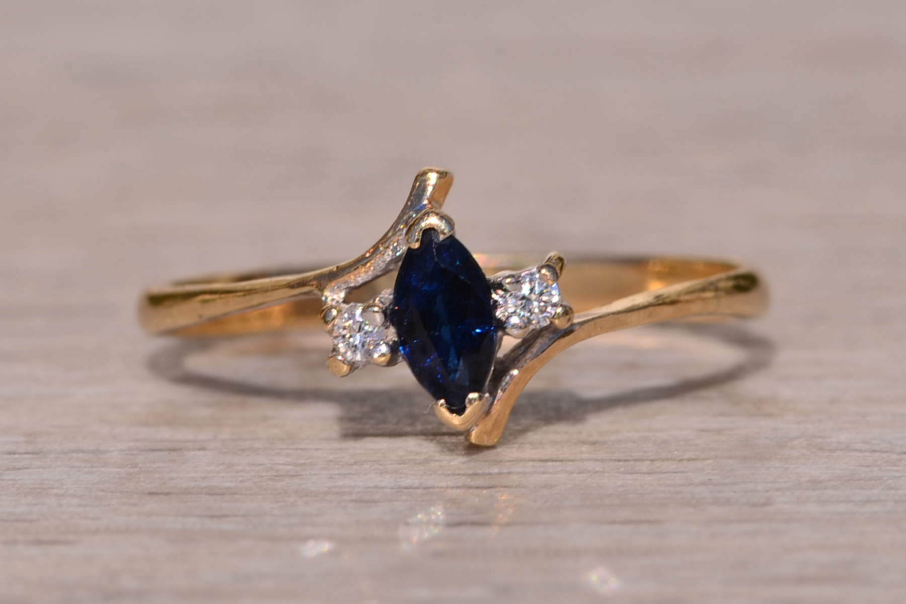 SOLD - The Town Creek: Vintage Yellow Gold Marquise Sapphire and Diamond Bypass Ring - Image 8