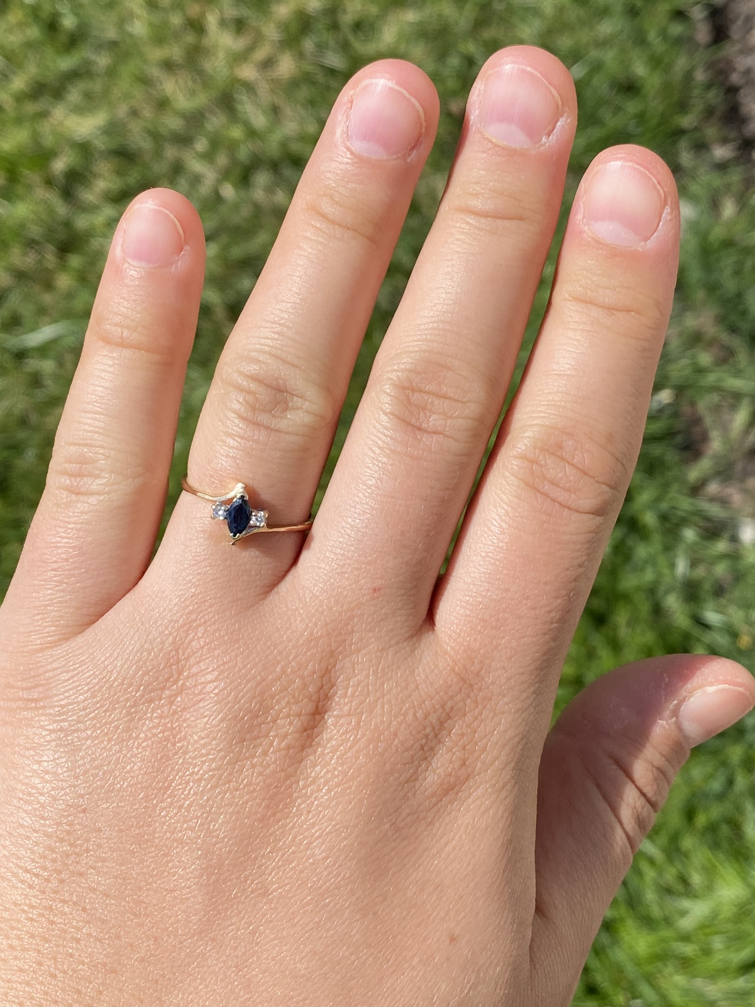 SOLD - The Town Creek: Vintage Yellow Gold Marquise Sapphire and Diamond Bypass Ring - Image 9