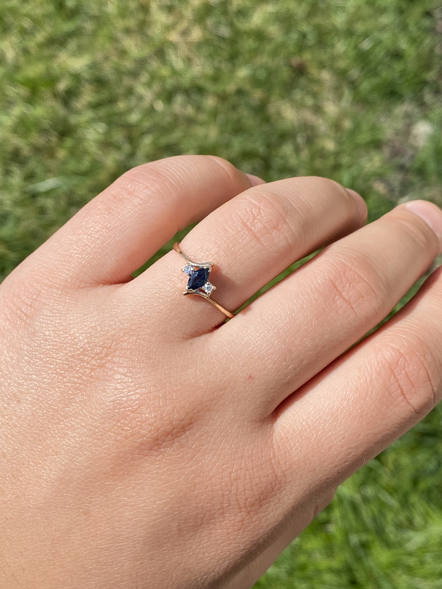 SOLD - The Town Creek: Vintage Yellow Gold Marquise Sapphire and Diamond Bypass Ring - Image 11